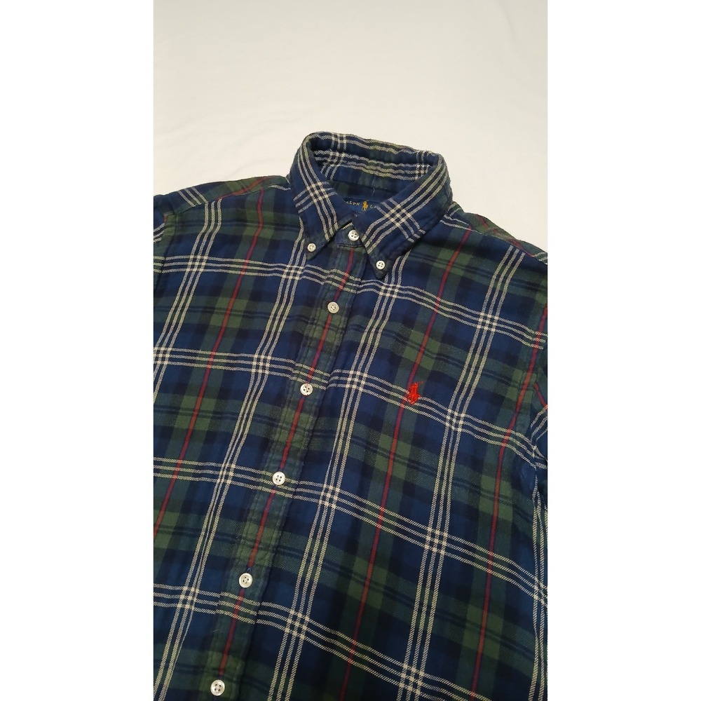 Polo Ralph Lauren Shirt Mens M Green Blue Tartan Plaid Cotton Lined Classic Fit - Picture 1 of 14